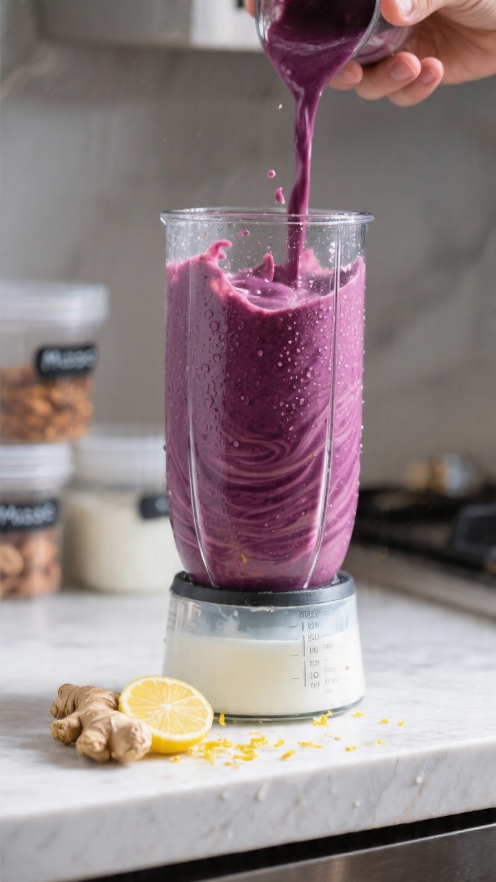 Process shot: the smoothie mid-blend in a high-speed blender jar, already fully pureed to a smooth, 
