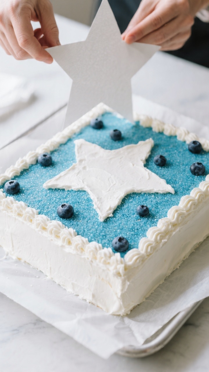 Process shot, three-quarter angle: the cooled frosted sheet cake with a smooth white buttercream fin