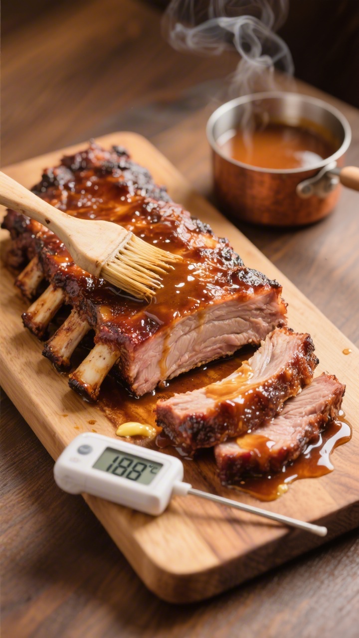 Process-to-plate transition, 3/4 angle: Rested rack of ribs on a wooden cutting board, bone-side up 