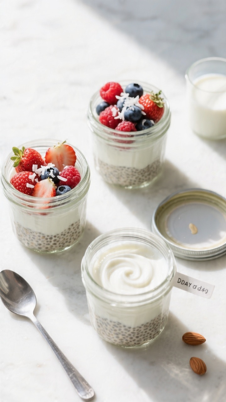 Tasty top-down grab-and-go scene: Overhead shot of three small clear jars layered for meal prep—bo