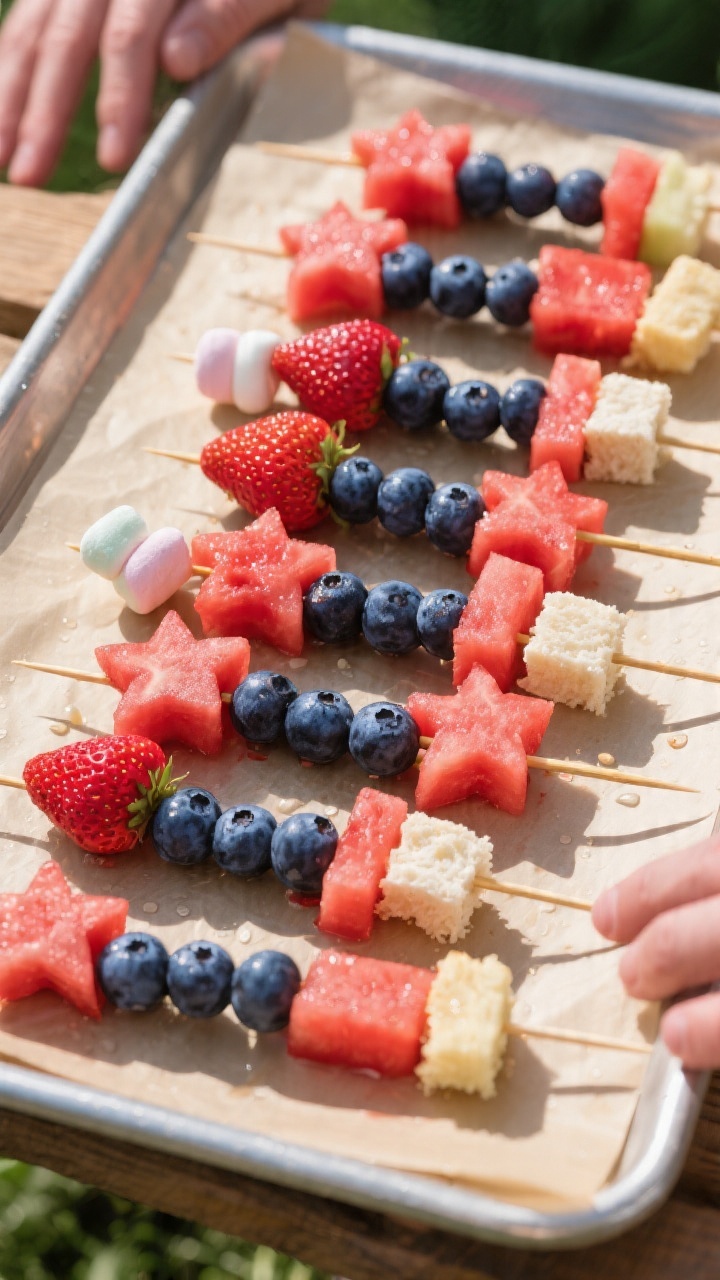 Tasty top-view and process moment: Overhead shot of Firecracker Fruit Skewers neatly lined on a parc