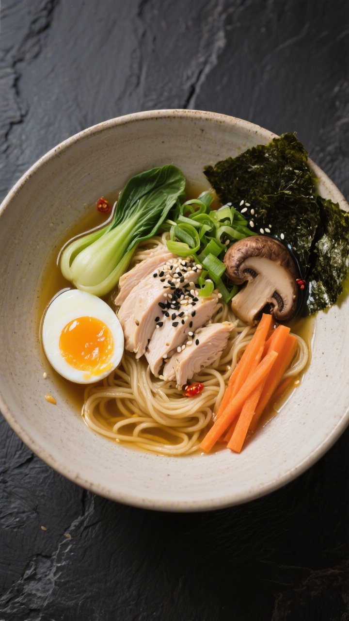 Tasty top view, assembled bowl: Overhead shot of high-protein ramen in a matte ceramic bowl—al den