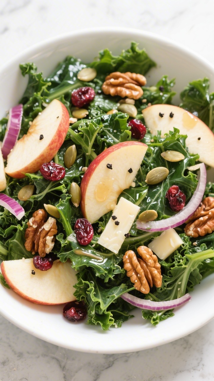 Tasty top view – assembled salad before cheese: Overhead shot of the kale apple salad just after t