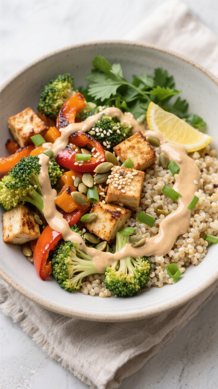 Tasty top view: Build-your-own vegan bowl assembled — fluffy quinoa base topped with roasted brocc
