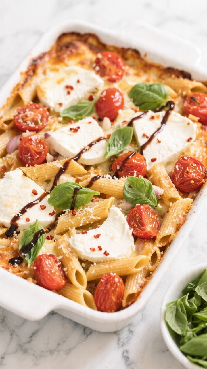 Tasty top view — Caprese Pasta Casserole: Overhead shot of baked penne with melted pockets of fres