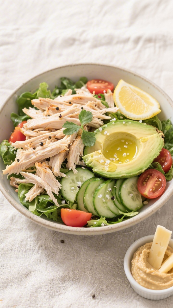 Tasty top view: Chicken and avocado salad generously layered in a wide shallow bowl—shredded rotis