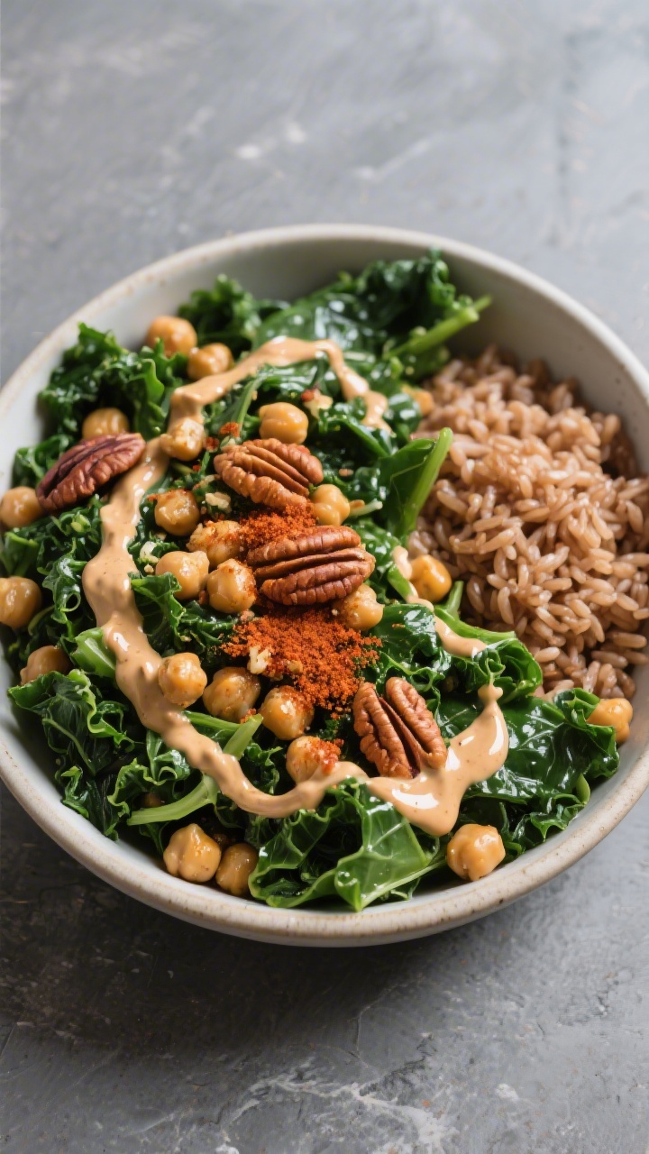 Tasty top view – Chickpea Kale Warm Salad with Tahini Dijon: Overhead shot of a generous bowl laye