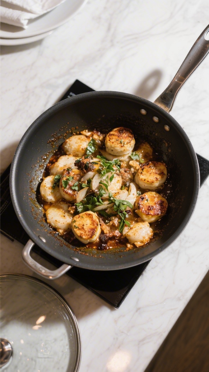 Tasty top view (cooking process): Overhead shot of a deep pan with