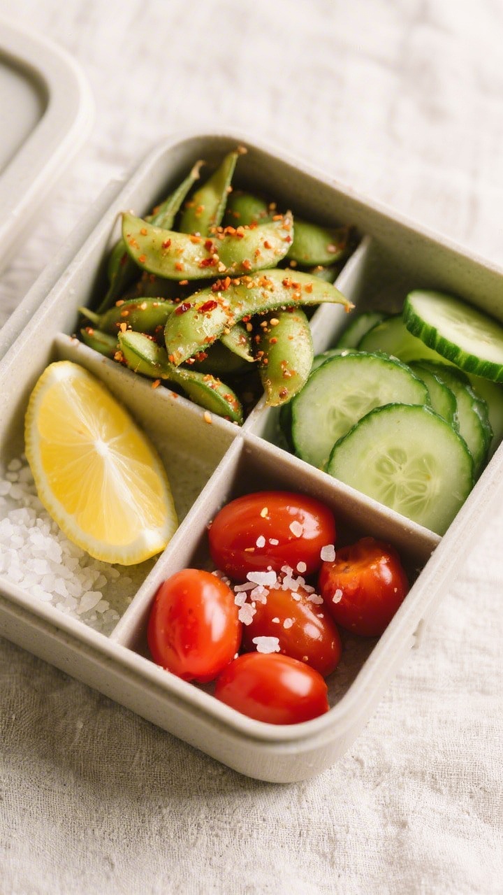 Tasty top view: Edamame Snack Box arranged in a neat bento-style container, overhead shot showing le