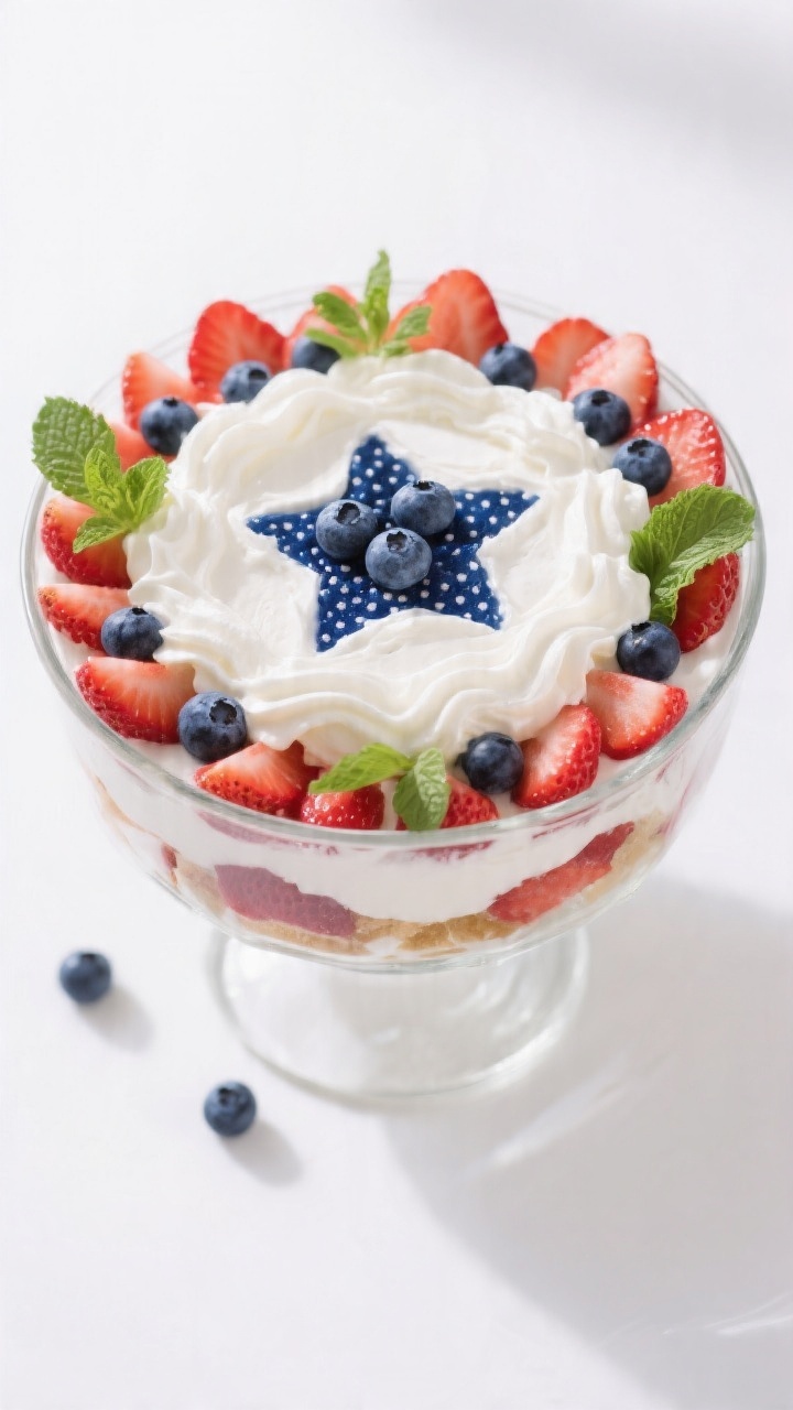 Tasty top view – Festive finish: Overhead shot of the completed 4th of July trifle in a clear glas