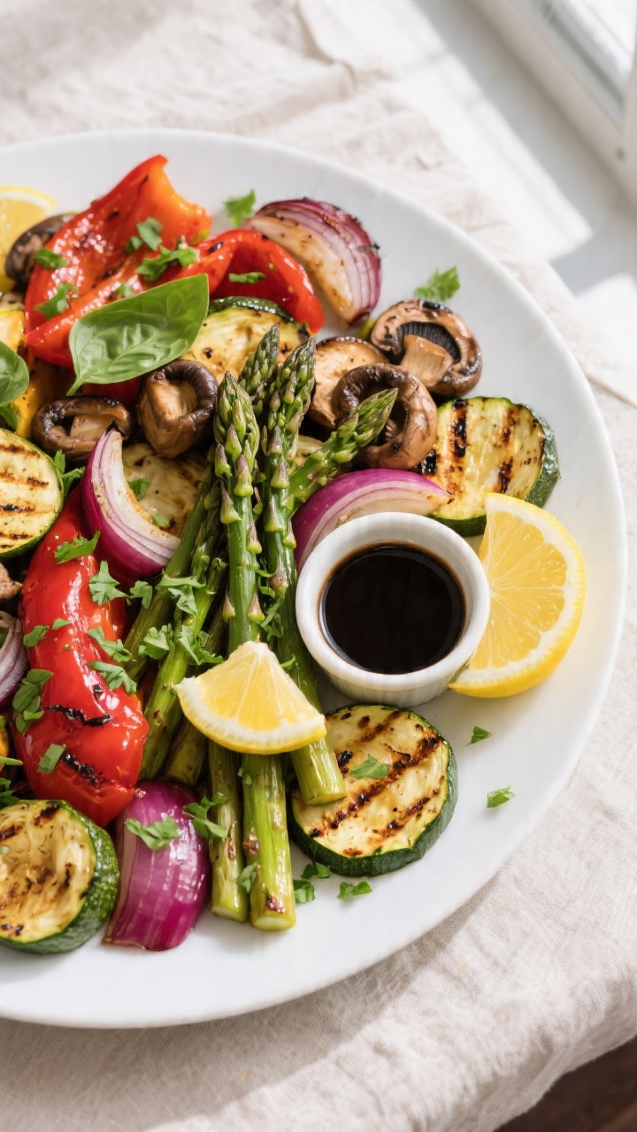 Tasty top view, final dish: Overhead shot of a large platter of grilled vegetables finished with a g