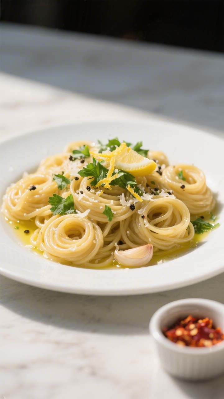 Tasty top view final dish: Overhead shot of Aglio e Olio twirled into tidy nests on a matte white pl
