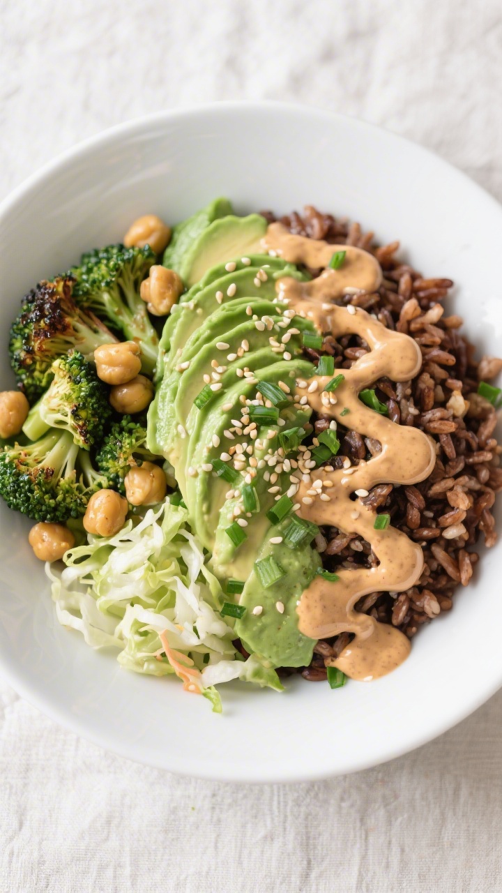Tasty top view final dish: Vibrant grain bowl topped with Avocado Cilantro Lime dressing and Miso-Gi