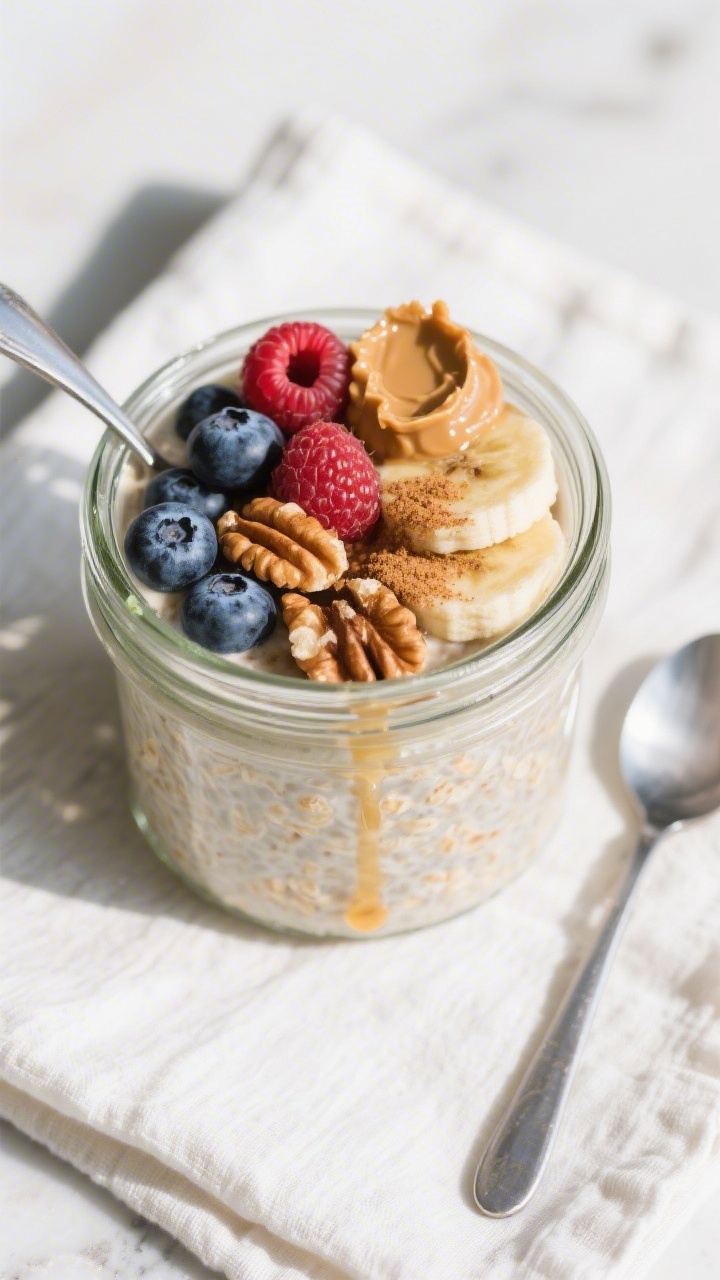 Tasty top view, final morning stir and toppings: Overhead shot of finished overnight oats in a clear