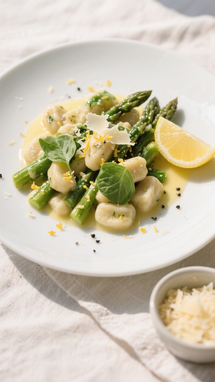 Tasty top view: Final plated asparagus spinach gnocchi on a wide white ceramic plate, neatly twirled