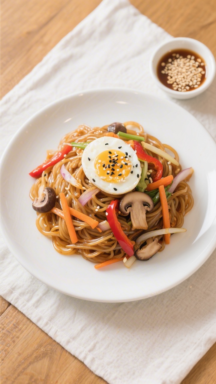 Tasty top view: Final plated Japchae on a wide, white ceramic plate—twirled mound of glass noodles