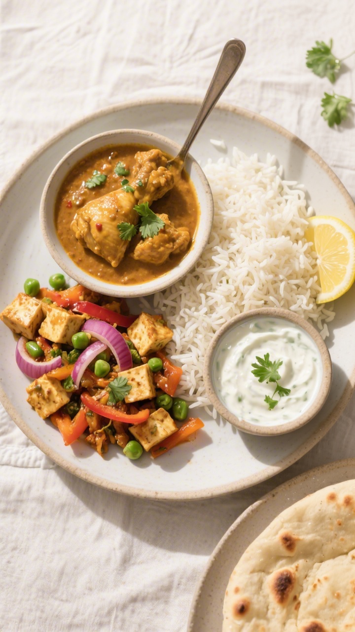 Tasty top view, final plating: Overhead shot of a complete Indian dinner plate—fluffy basmati rice