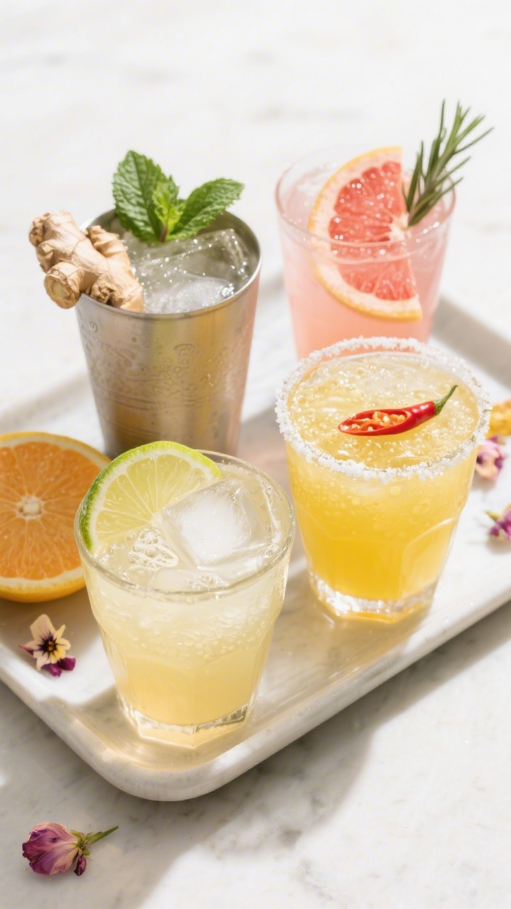 Tasty top view: Final trio of non-alcoholic drinks on a minimal tray to show variety—Ginger-Lime M