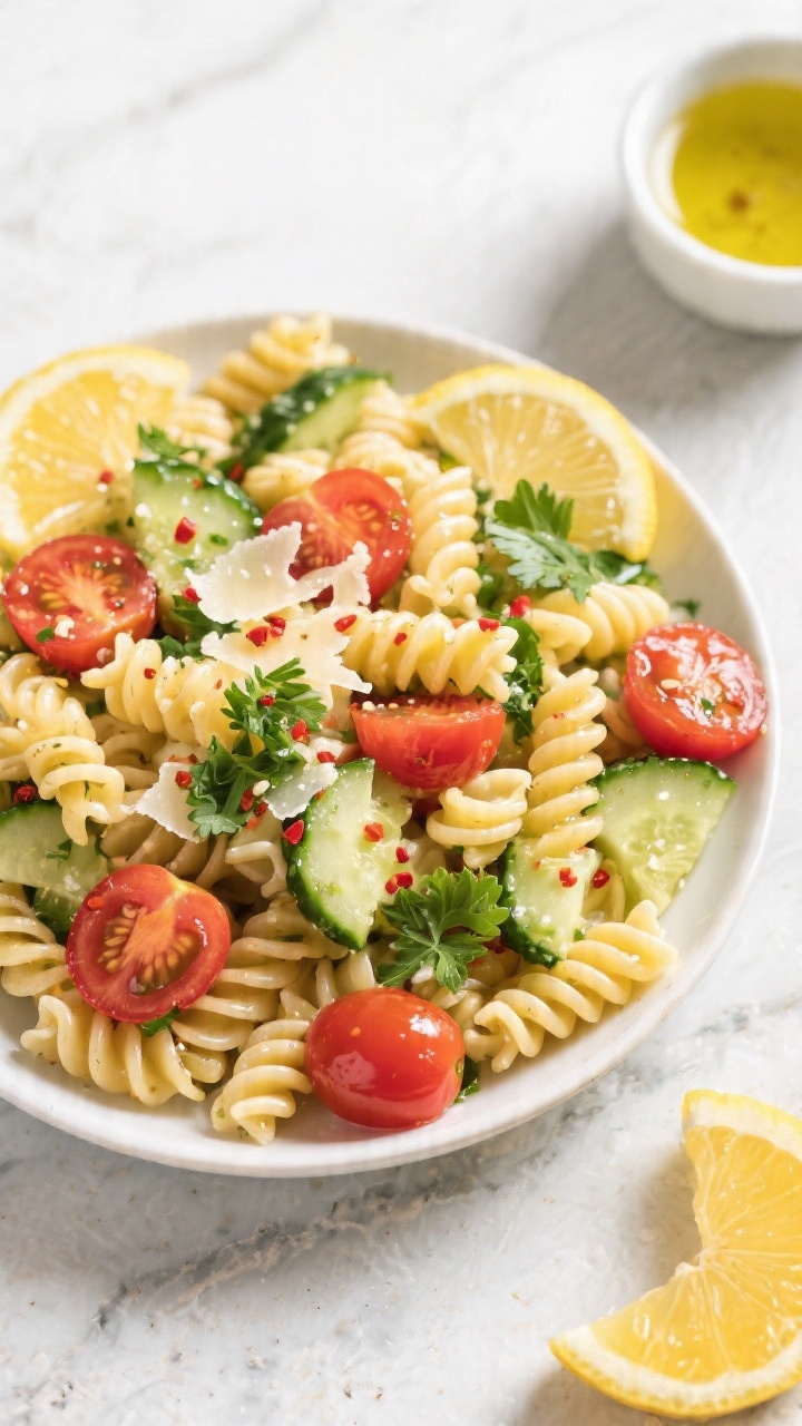 Tasty top view – Garlic-Herb Pasta Salad: Overhead shot of a vibrant rotini pasta salad glistening