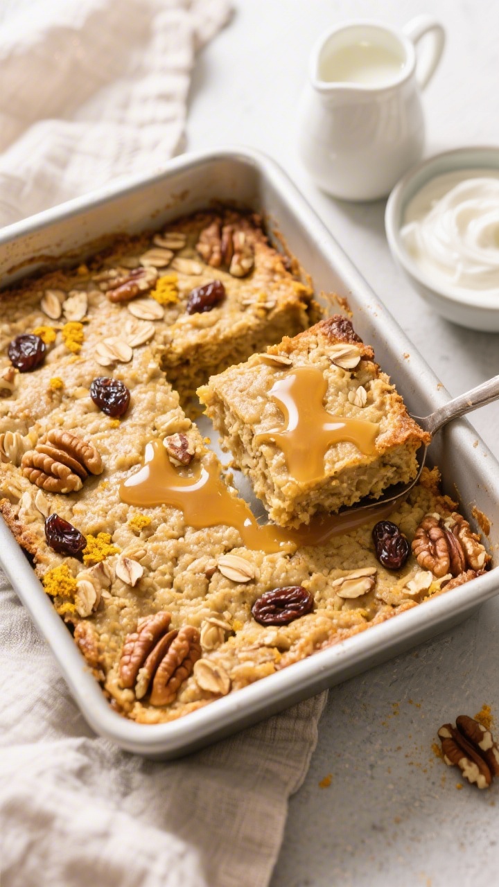 Tasty top view: Golden Maple-Spiced Baked Oatmeal fresh from the oven, overhead shot of an 8x8 pan w