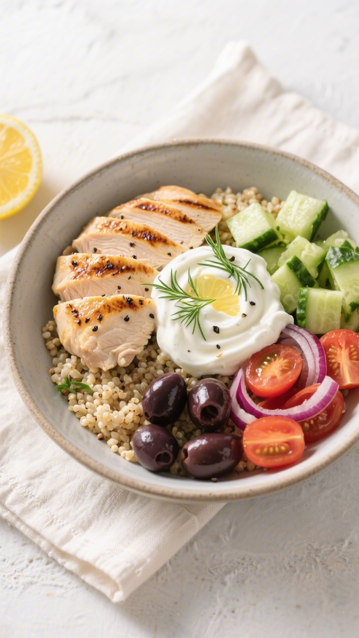 Tasty top view — Greek Chicken Bowl: Overhead shot of a composed bowl featuring sliced, grill-mark