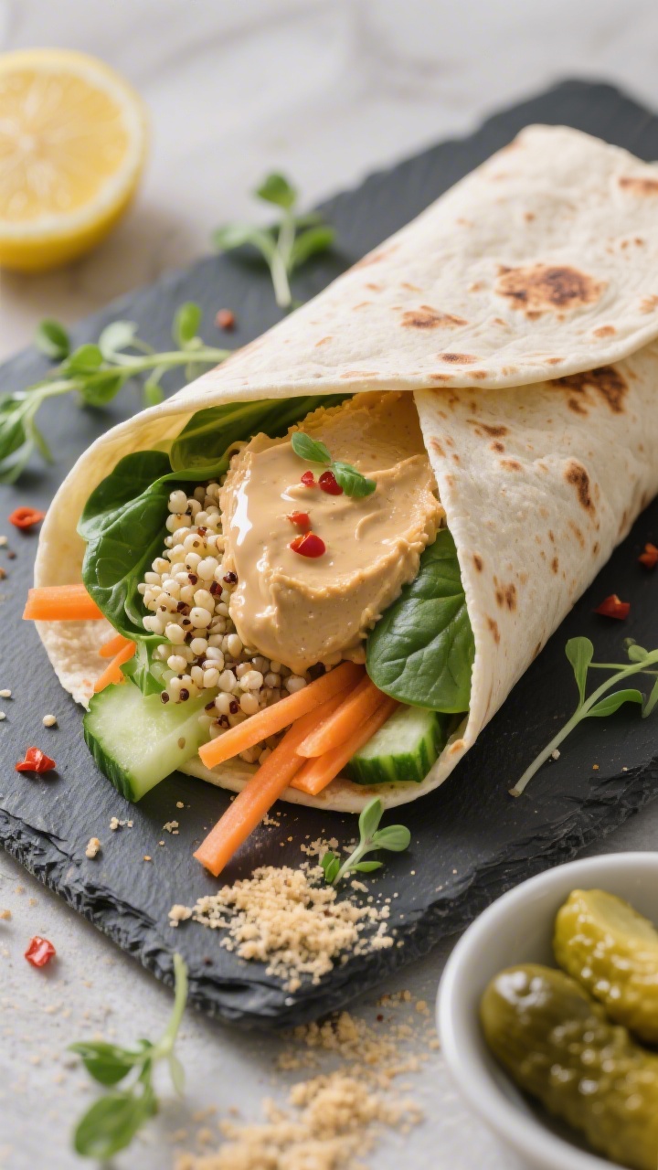 Tasty top view – High-Protein Hummus Power Wrap: Overhead shot of a sliced wrap on a slate board, 