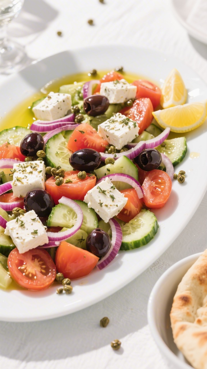 Tasty top view – Horiatiki (Greek Salad) family-style platter: Overhead shot of a large white plat
