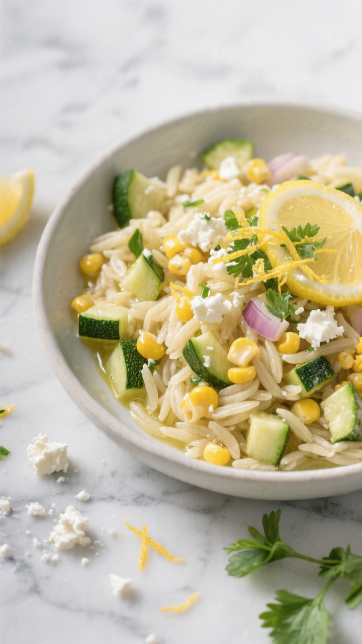Tasty top view — Lemony Zucchini and Corn Orzo: Overhead shot of a shallow bowl filled with tender