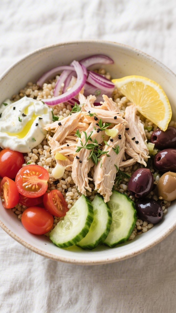 Tasty top view — Mediterranean bowl: Overhead shot of a vibrant Mediterranean grain bowl featuring