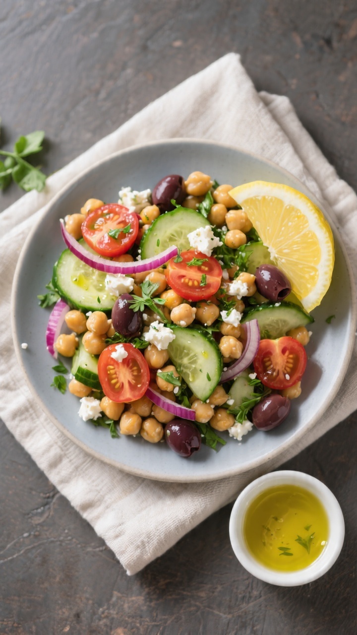 Tasty top view: Mediterranean Chickpea Salad fully assembled and ready to eat, overhead shot showing