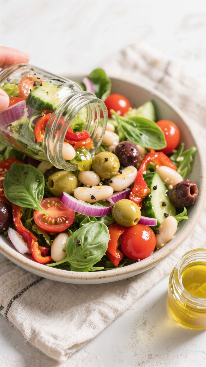 Tasty top view: Mediterranean Mason Jar Salad just after shaking, poured into a shallow bowl. Overhe