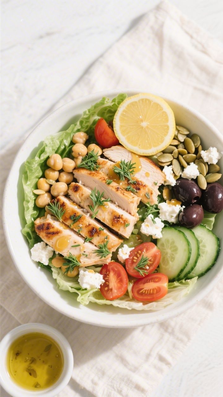 Tasty top view: Mediterranean Power Bowl overhead shot—crisp romaine base topped with neat section