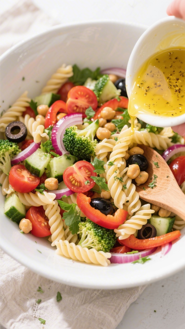 Tasty top view — mixing the salad: Overhead shot of a large white mixing bowl filled with the cool