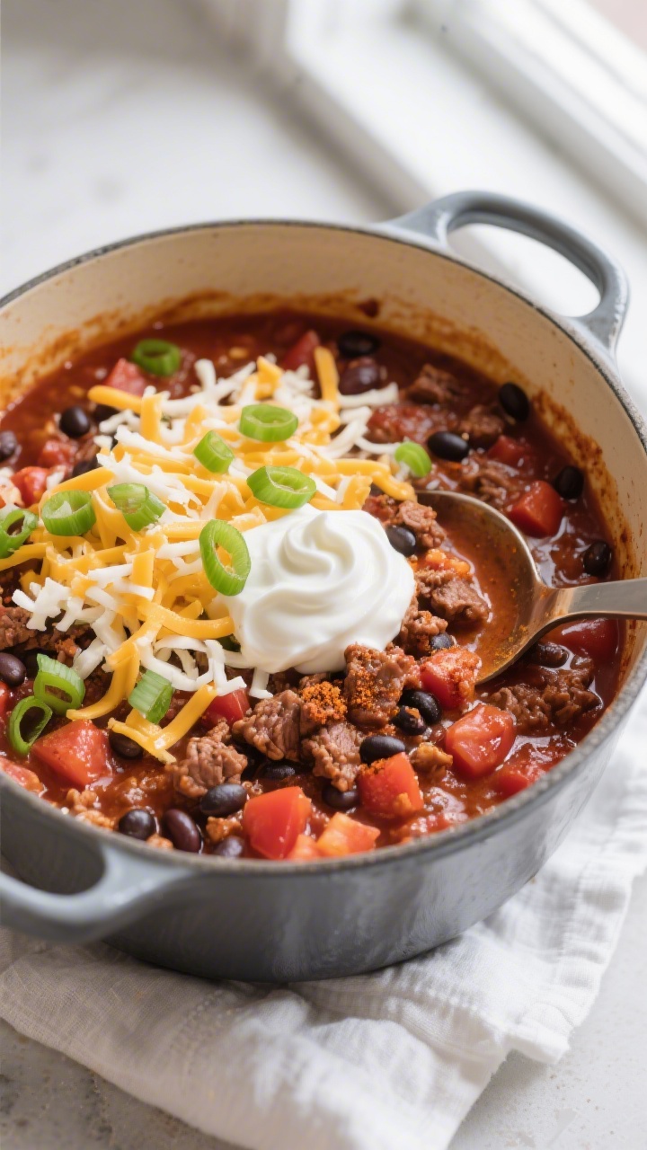 Tasty top view – One-Pot Chili: Overhead shot of a Dutch oven filled with hearty chili—beef, kid