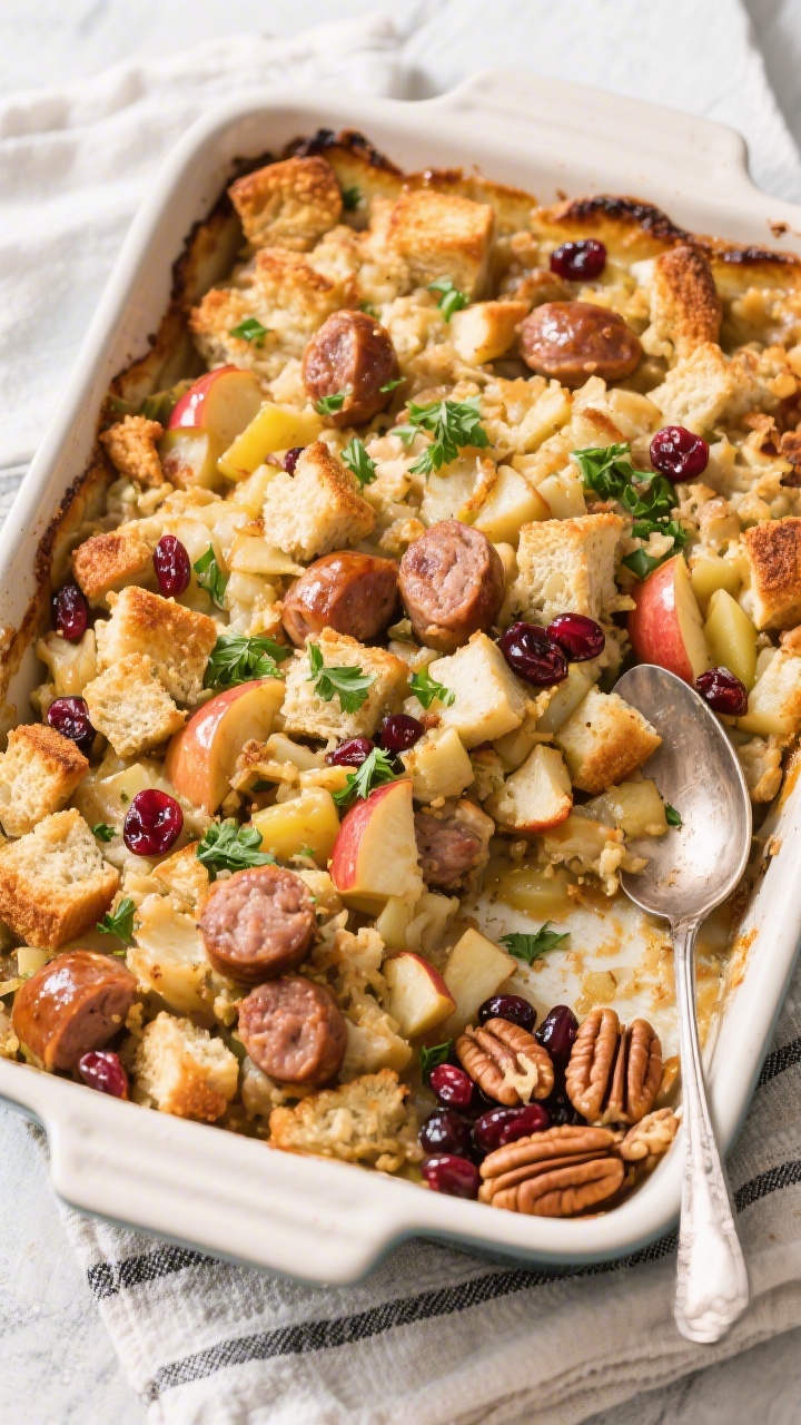 Tasty top view, overhead casserole: Overhead shot of apple sausage stuffing in a 9x13 baking dish ju