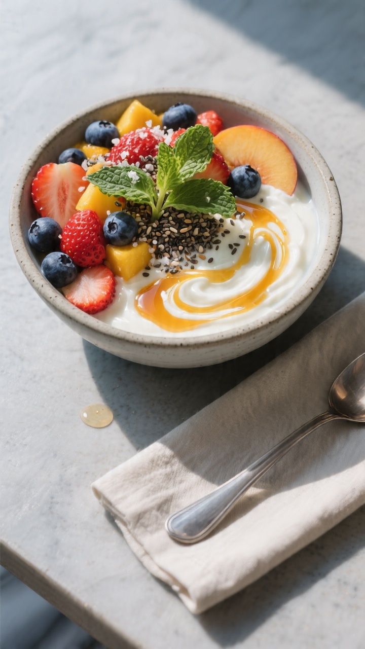 Tasty top view: Overhead final presentation of a Protein-Boosted Breakfast bowl—Greek yogurt swirl