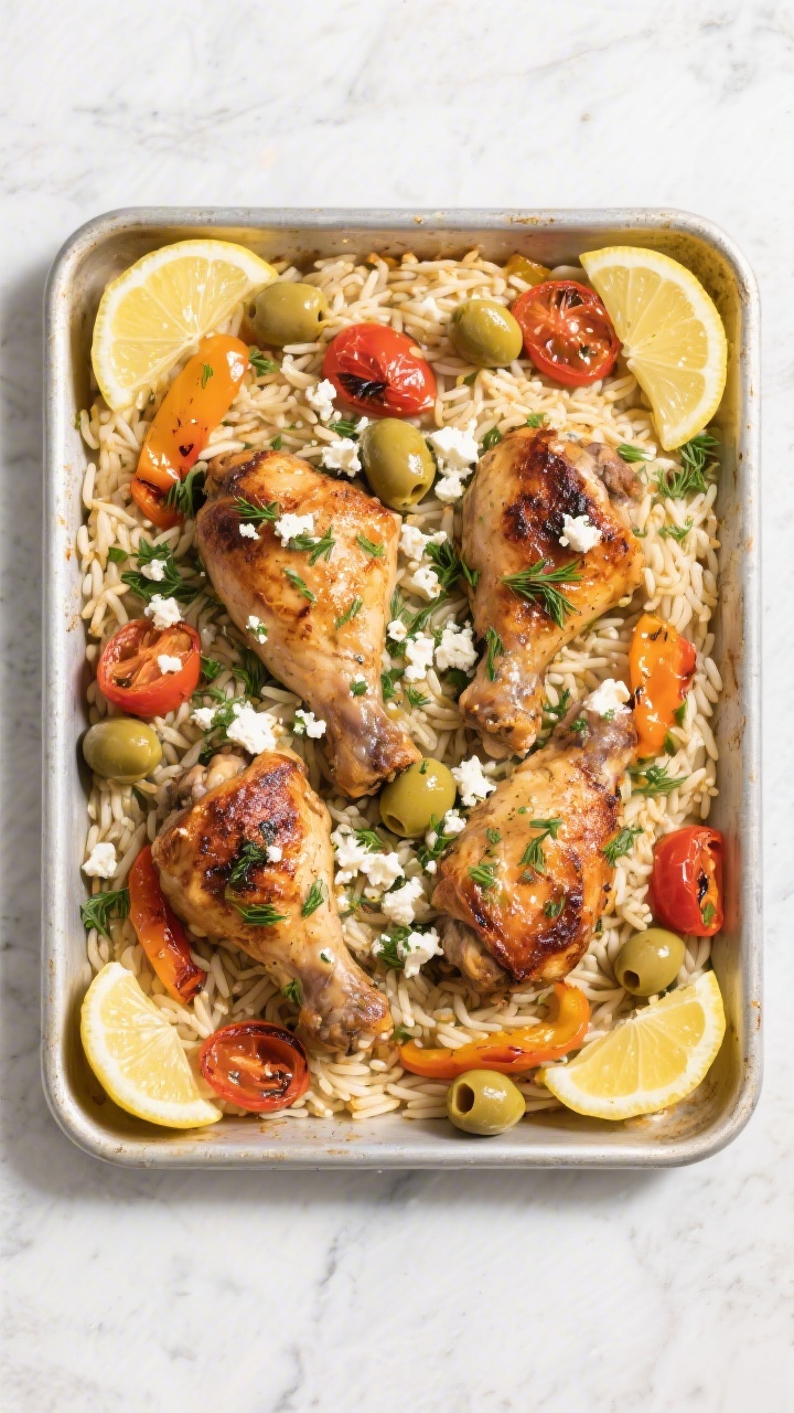 Tasty top view, overhead: Fully cooked sheet pan Greek chicken with orzo just out of the oven, orzo 
