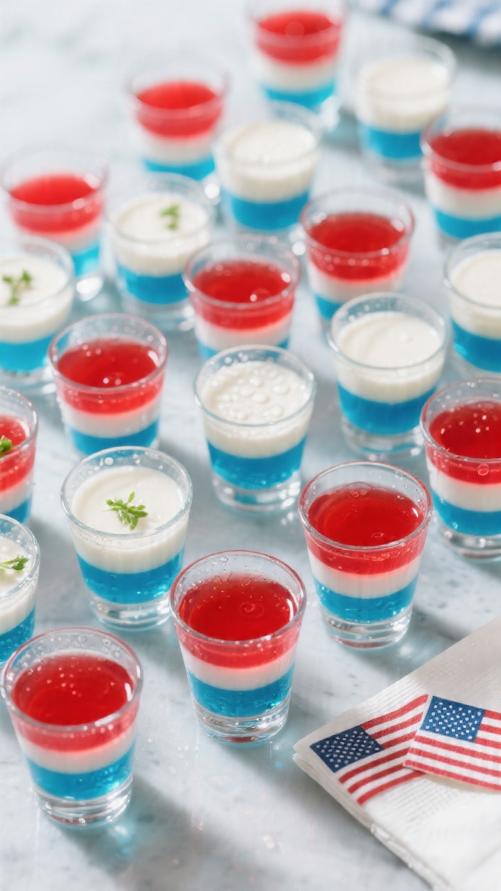 Tasty top-view overhead: Neat grid of layered Jello shots viewed directly from above, showing unifor
