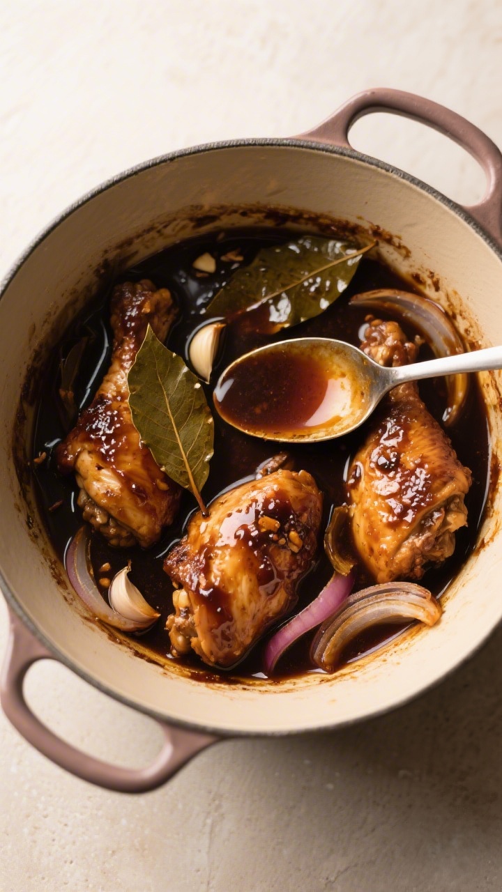 Tasty top view (overhead): Overhead shot of a Dutch oven filled with finished chicken adobo at the s