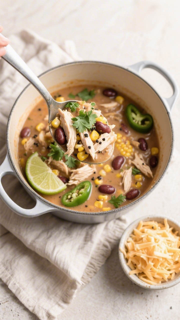 Tasty top view, overhead: Overhead shot of a ladle poised above the pot scooping a hearty portion of