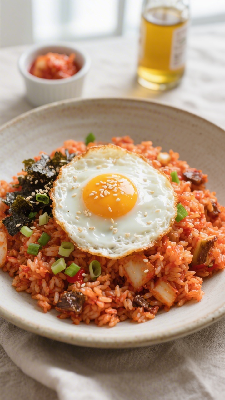 Tasty top view, overhead: Overhead shot of finished kimchi fried rice in a wide shallow ceramic bowl
