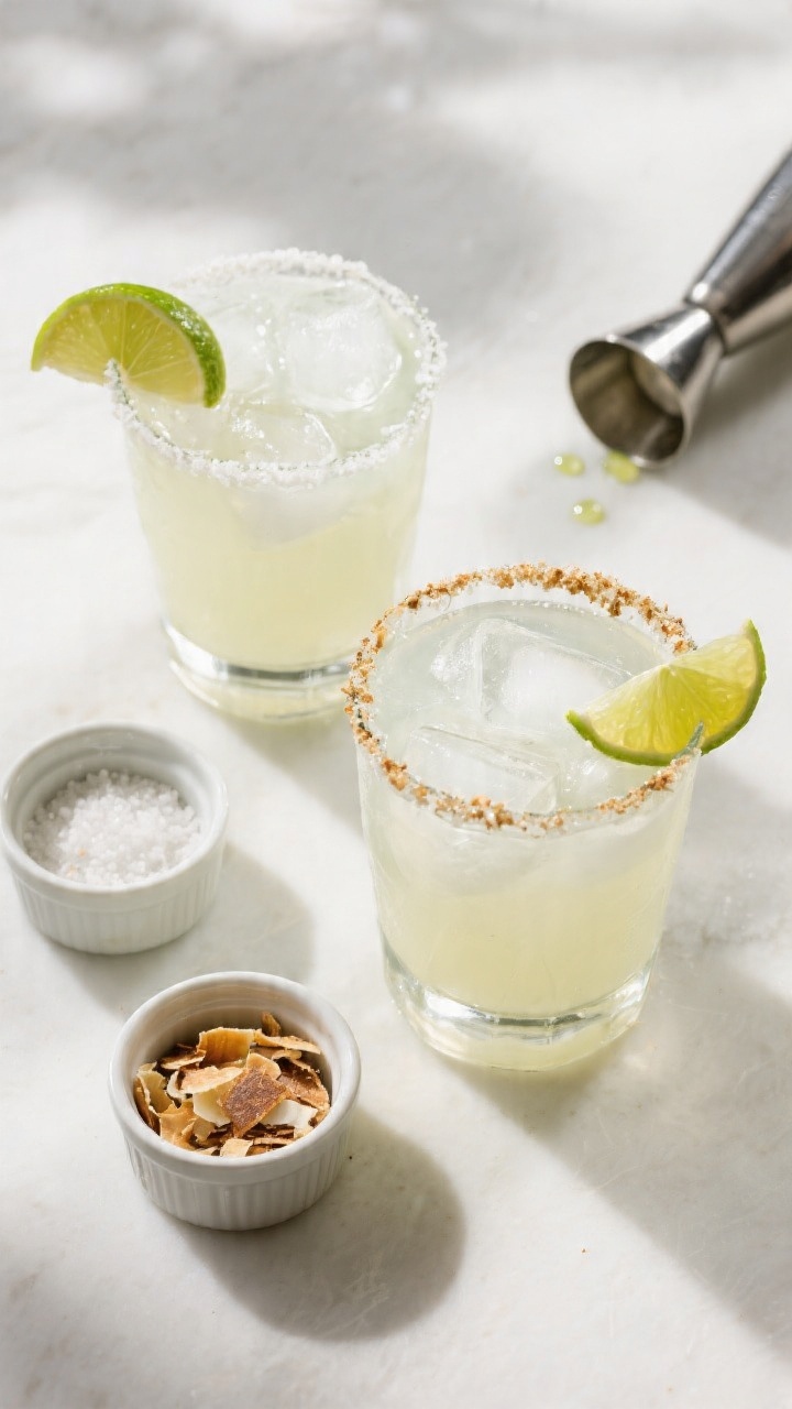 Tasty top-view overhead: Overhead shot of two Coconut Margaritas on the rocks, showing the pale coco