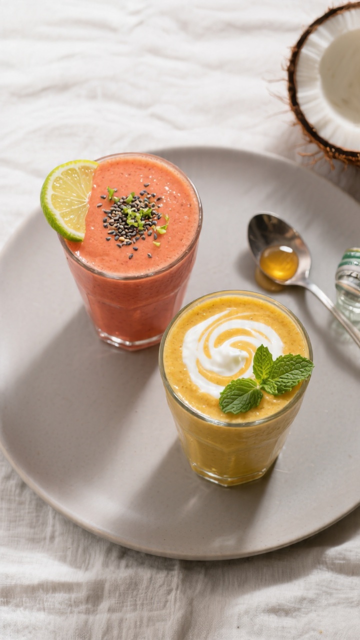 Tasty top view, overhead: Overhead shot of two poured smoothies side-by-side showing rich tropical h