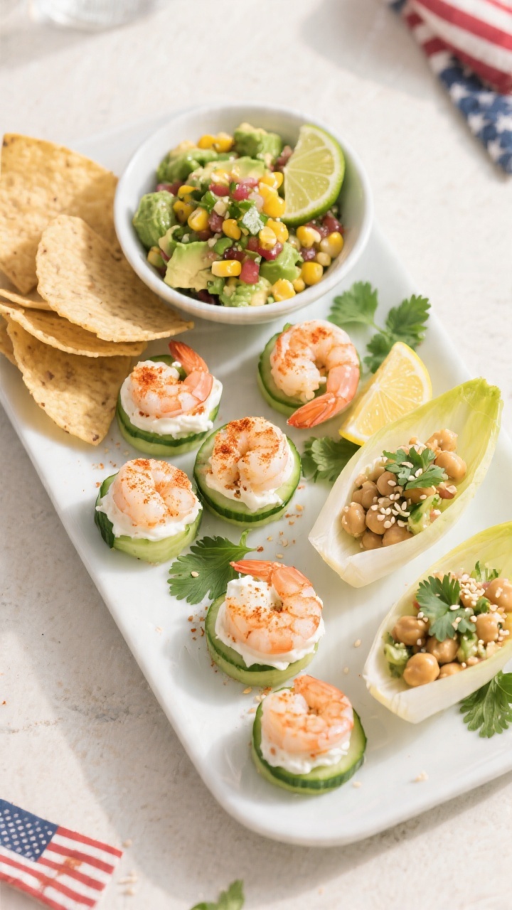 Tasty top view: Overhead platter of Memorial Day appetizer spread—shrimp cucumber bites with lemon