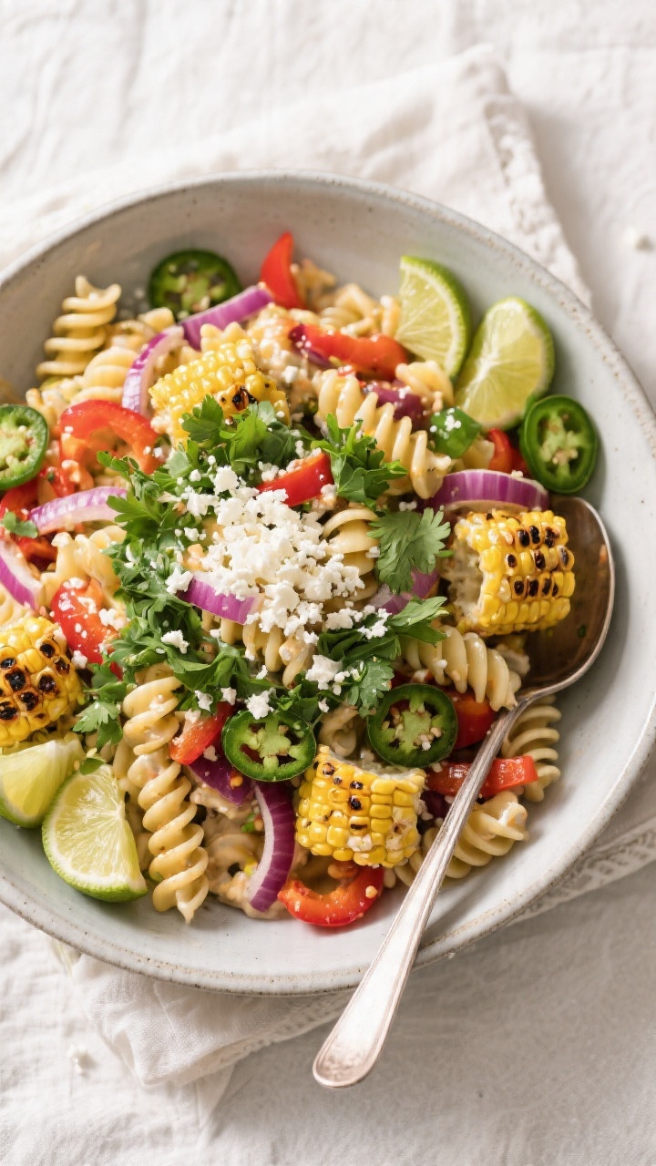 Tasty top view, overhead serving scene: Overhead shot of the chilled Mexican Street Corn Pasta Salad