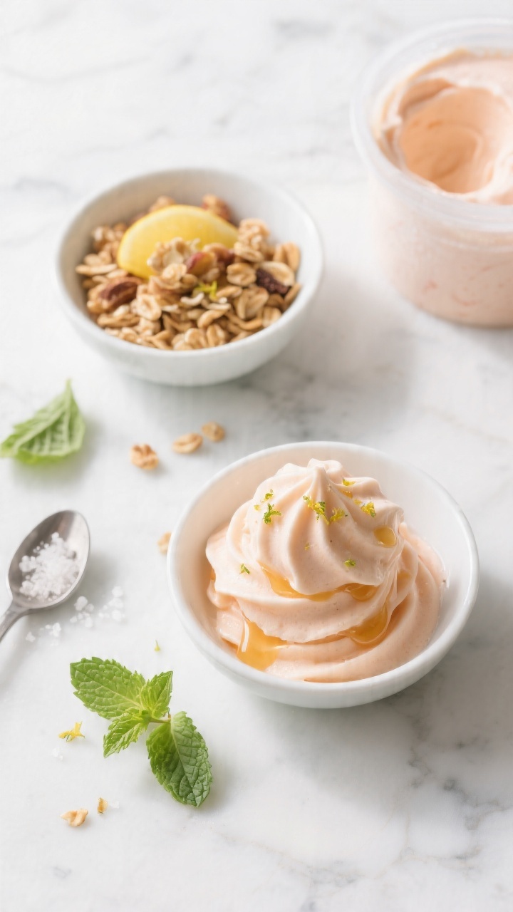Tasty top view: Overhead shot of 10-minute Peach Frozen Yogurt scooped into chilled bowls, ultra-cre
