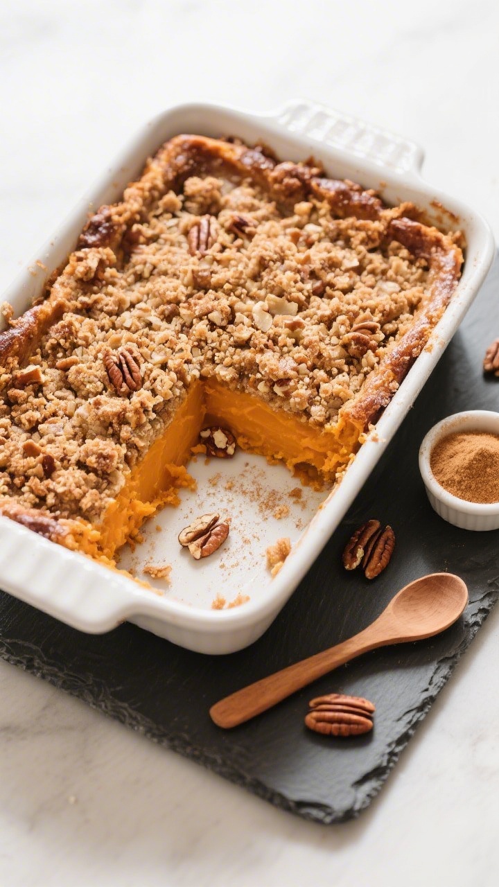Tasty top view: Overhead shot of a 9x13 baking dish just out of the oven, edges lightly puffed, peca