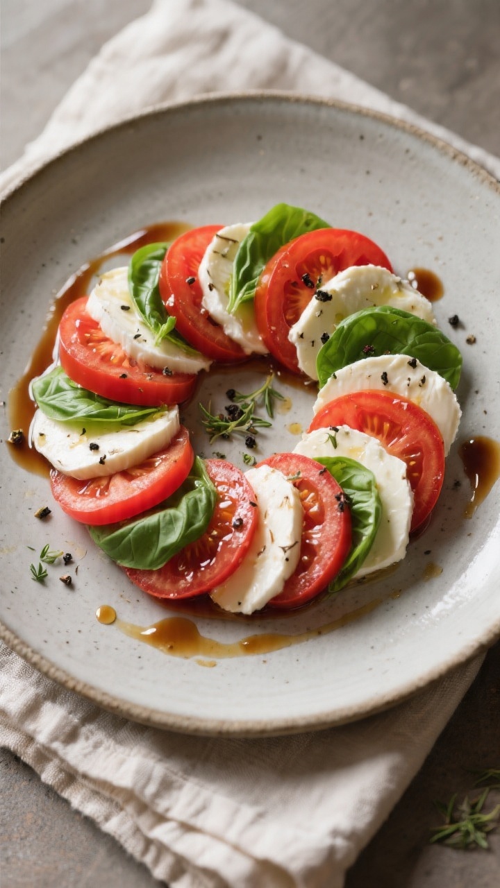 Tasty top view: Overhead shot of a beautifully plated final Caprese—concentric rings of tomato and