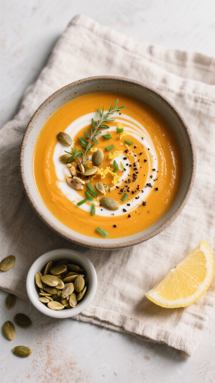 Tasty top view: Overhead shot of a bowl of vegan butternut squash soup with a perfect coconut milk s