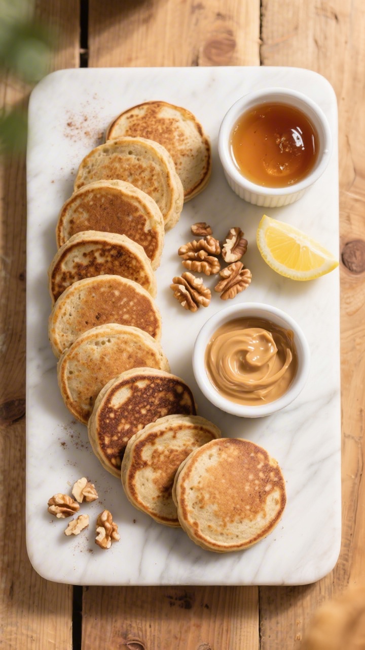 Tasty top view: Overhead shot of a brunch board featuring several small, evenly sized vegan protein 